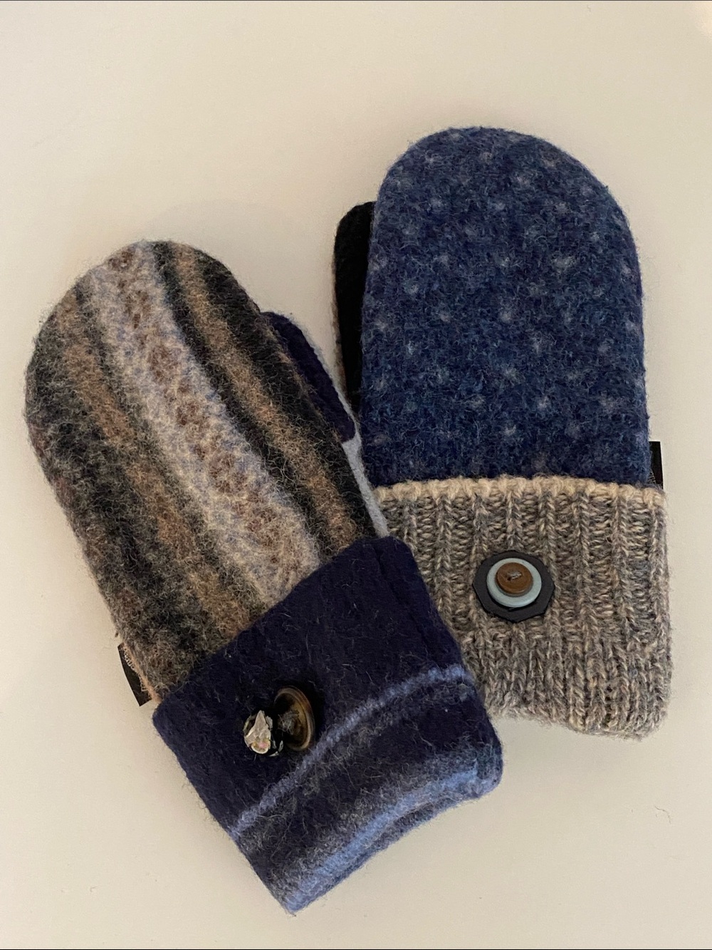 Wool-Blend Striped & Solid Button Cuff Mittens - Blue, Gray, Brown